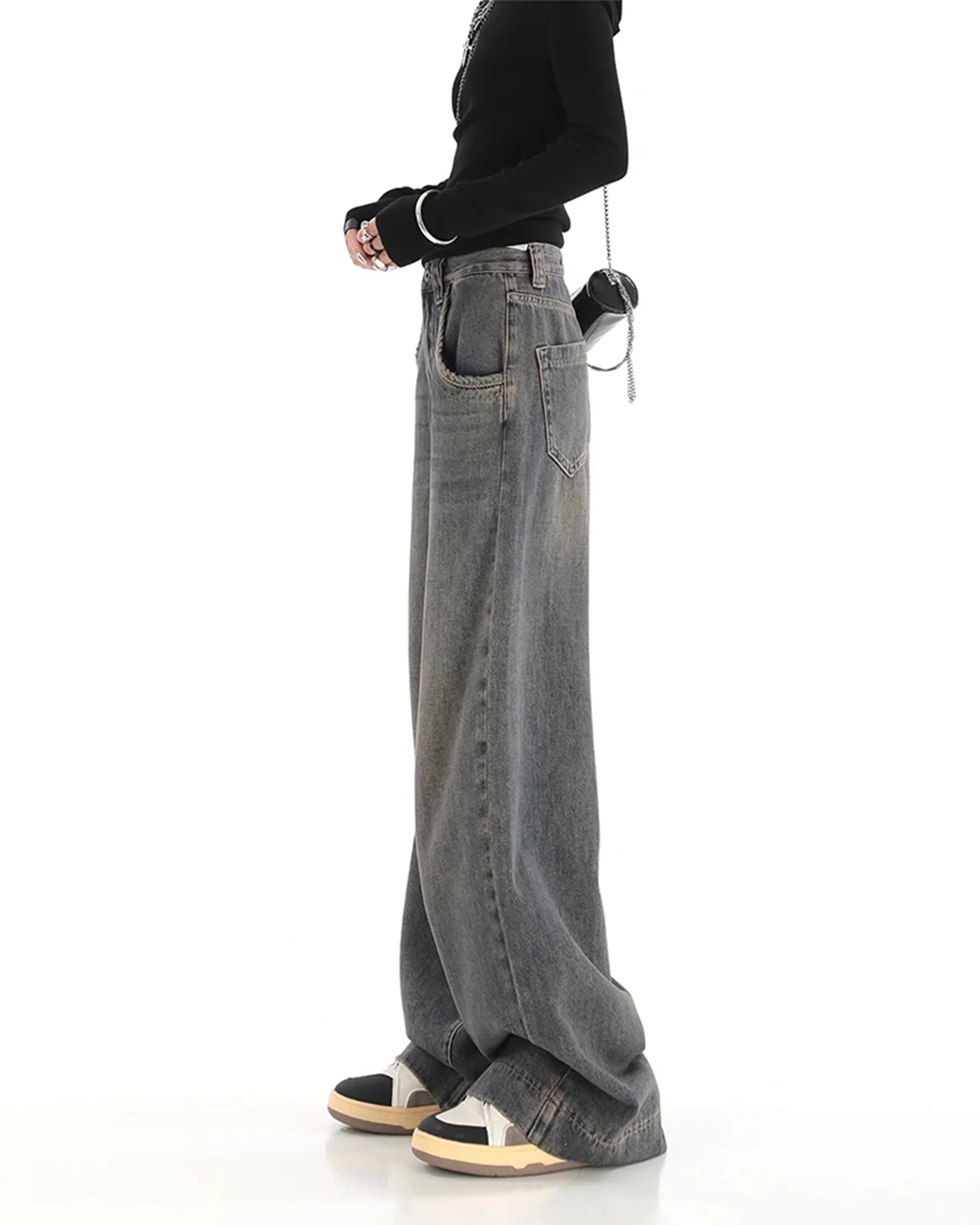 Grey Vintage Washed Wide Leg Baggy Jeans