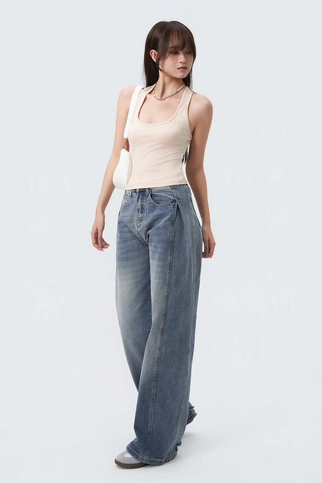 Pleat Panel Wide Leg Jeans