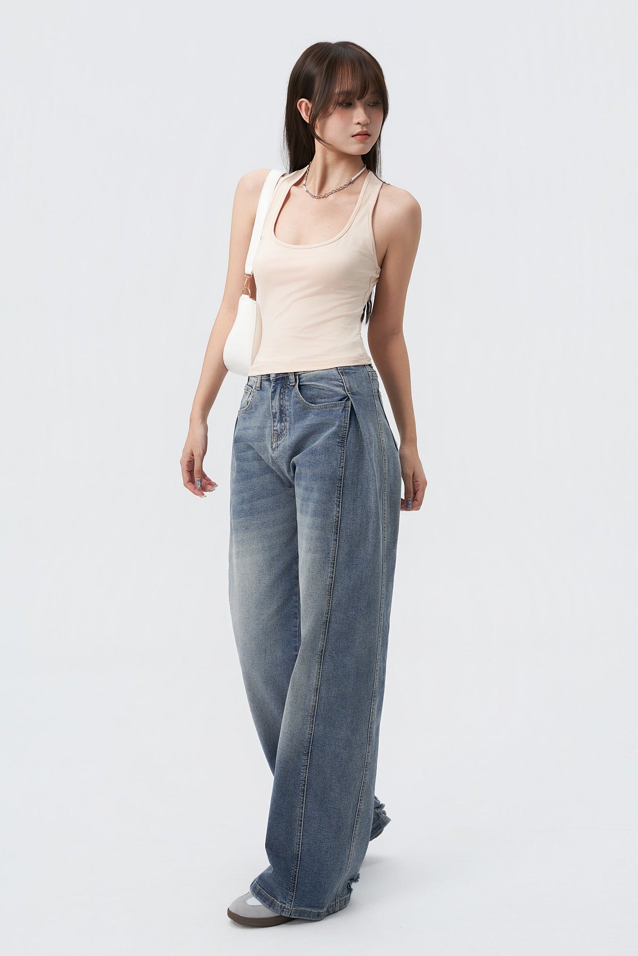 Pleat Panel Wide Leg Jeans